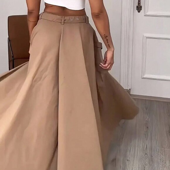 Khaki Casual Women's Side Zipper Pocket Button Minimalist A-Line Skirt - Picture 2 of 3